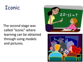 Iconic


The second stage was
called "Iconic" where
learning can be obtained
through using models
and pictures.
 