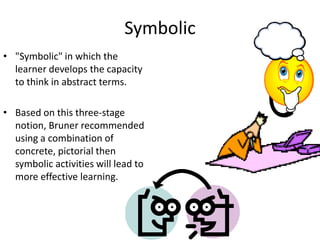 Symbolic
• "Symbolic" in which the
  learner develops the capacity
  to think in abstract terms.

• Based on this three-stage
  notion, Bruner recommended
  using a combination of
  concrete, pictorial then
  symbolic activities will lead to
  more effective learning.
 