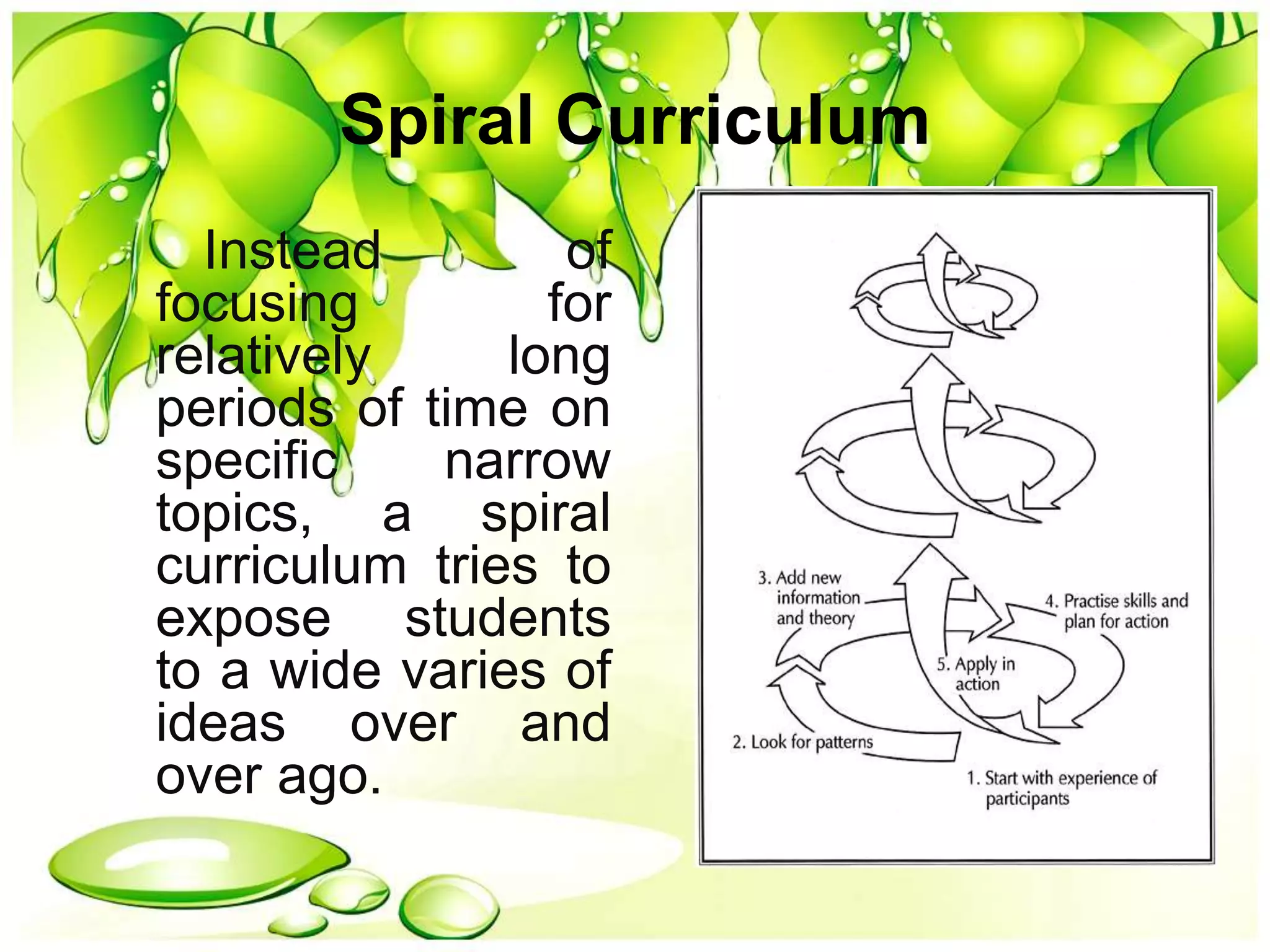 Spiral Curriculum
Instead of
focusing for
relatively long
periods of time on
specific narrow
topics, a spiral
curriculum tries to
expose students
to a wide varies of
ideas over and
over ago.
 
