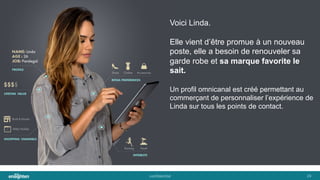conﬁden'al	
   24	
  
Voici Linda.
Elle vient d’être promue à un nouveau
poste, elle a besoin de renouveler sa
garde robe et sa marque favorite le
sait.
Un profil omnicanal est créé permettant au
commerçant de personnaliser l’expérience de
Linda sur tous les points de contact.
 