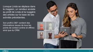 conﬁden'al	
   25	
  
Lorsque Linda se déplace dans
le magasin, un vendeur accède
au profil de Linda et lui suggère
des articles sur la base de ses
activités précédentes.
Son profil à 360° contient des
informations issues de tous les
points de contact (online et offline)
ainsi que du CRM.
 