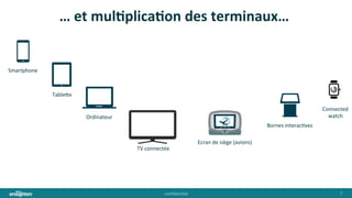 conﬁden'al	
   7	
  
…	
  et	
  mulHplicaHon	
  des	
  terminaux…	
  
Bornes	
  interac'ves	
  
Table@e	
  
Ordinateur	
  
Smartphone	
  
TV	
  connectée	
  
Connected	
  
watch	
  
Ecran	
  de	
  siège	
  (avions)	
  
 