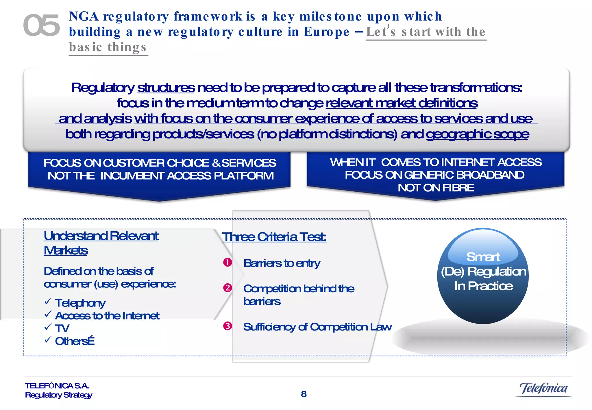 NGA regulatory framework is a key milestone upon which building a new regulatory culture in Europe –  Let’s start with the basic things 05 FOCUS ON CUSTOMER CHOICE & SERVICES NOT THE  INCUMBENT ACCESS PLATFORM WHEN IT  COMES TO INTERNET ACCESS FOCUS ON GENERIC BROADBAND  NOT ON FIBRE Understand Relevant Markets Defined on the basis of consumer (use) experience: Telephony Access to the Internet TV Others… Smart (De) Regulation In Practice Three Criteria Test: Barriers to entry Competition behind the barriers Sufficiency of Competition Law Regulatory  structures  need to be prepared to capture all these transformations: focus in the medium term to change  relevant market definitions and analysis   with focus on the consumer experience of access to services and use  both regarding products/services (no platform distinctions) and  geographic scope 