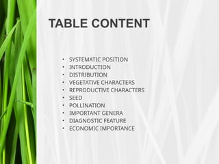 TABLE CONTENT
• SYSTEMATIC POSITION
• INTRODUCTION
• DISTRIBUTION
• VEGETATIVE CHARACTERS
• REPRODUCTIVE CHARACTERS
• SEED
• POLLINATION
• IMPORTANT GENERA
• DIAGNOSTIC FEATURE
• ECONOMIC IMPORTANCE
 