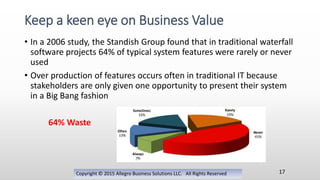 • In a 2006 study, the Standish Group found that in traditional waterfall
software projects 64% of typical system features were rarely or never
used
• Over production of features occurs often in traditional IT because
stakeholders are only given one opportunity to present their system
in a Big Bang fashion
64% Waste
Copyright © 2015 Allegro Business Solutions LLC. All Rights Reserved
Keep a keen eye on Business Value
17
 