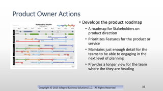 Copyright © 2015 Allegro Business Solutions LLC. All Rights Reserved
Product Owner Actions
37
• Develops the product roadmap
• A roadmap for Stakeholders on
product direction
• Prioritizes Features for the product or
service
• Maintains just enough detail for the
teams to be able to engaging in the
next level of planning
• Provides a longer view for the team
where the they are heading
 