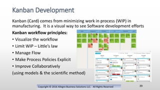 Kanban (Card) comes from minimizing work in process (WIP) in
manufacturing. It is a visual way to see Software development efforts
Kanban workflow principles:
• Visualize the workflow
• Limit WIP – Little’s law
• Manage Flow
• Make Process Policies Explicit
• Improve Collaboratively
(using models & the scientific method)
Copyright © 2016 Allegro Business Solutions LLC. All Rights Reserved
Kanban Development
39
 