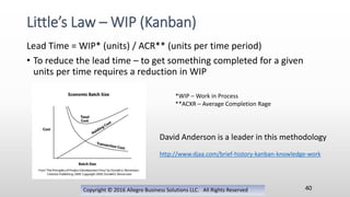 Lead Time = WIP* (units) / ACR** (units per time period)
• To reduce the lead time – to get something completed for a given
units per time requires a reduction in WIP
Copyright © 2016 Allegro Business Solutions LLC. All Rights Reserved
Little’s Law – WIP (Kanban)
40
David Anderson is a leader in this methodology
http://www.djaa.com/brief-history-kanban-knowledge-work
*WIP – Work in Process
**ACXR – Average Completion Rage
 