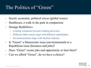The Politics of “Green”

•     Social, economic, political circus (global issues)
•     Healthcare, a walk in the park in comparison
•     Strange Bedfellows
        •    Leading companies become leading advocates
        •    Different labor unions align with different stakeholders
        •    Environmentalists align with Nuclear industry
•     Is “Green” a Democratic issue (environmental) or a
      Republican issue (business and jobs)?
•     Does “Green” create jobs and opportunity or hurt them?
•     Can we afford “Green”, do we have a choice?


                                                                        23
© 2011 Winston & Strawn LLP
 