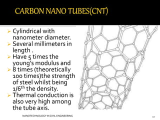  Cylindrical with 
nanometer diameter. 
 Several millimeters in 
length . 
 Have 5 times the 
young’s modulus and 
 8 times (theoretically 
100 times)the strength 
of steel whilst being 
1/6th the density. 
 Thermal conduction is 
also very high among 
the tube axis. 
NANOTECHNOLOGY IN CIVIL ENGINEERING 10 
 