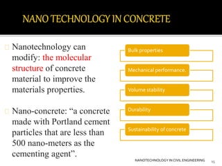 Nanotechnology can 
modify: the molecular 
structure of concrete 
material to improve the 
materials properties. 
Nano-concrete: “a concrete 
made with Portland cement 
particles that are less than 
500 nano-meters as the 
cementing agent”. 
15 
Bulk properties 
Mechanical performance. 
Volume stability 
Durability 
Sustainability of concrete 
NANOTECHNOLOGY IN CIVIL ENGINEERING 
 