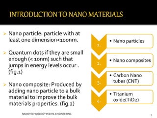 Nano particle: particle with at 
least one dimension<100nm. 
 Quantum dots if they are small 
enough (< 10nm) such that 
jumps in energy levels occur . 
(fig.1) 
 Nano composite: Produced by 
adding nano particle to a bulk 
material to improve the bulk 
materials properties. (fig.2) 
5 
1. 
• Nano particles 
2. 
• Nano composites 
3. 
• Carbon Nano 
tubes (CNT) 
4. 
• Titanium 
oxide(TiO2) 
NANOTECHNOLOGY IN CIVIL ENGINEERING 
 