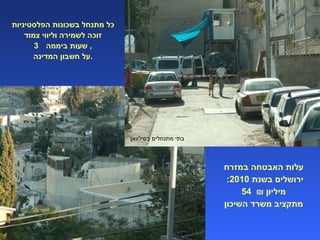 כל מתנחל בשכונות הפלסטיניות זוכה לשמירה וליווי צמוד שעות ביממה ,  על חשבון המדינה . עלות האבטחה במזרח ירושלים בשנת  2010:  54  מיליון ₪  מתקציב משרד השיכון בתי מתנחלים בסילוואן 