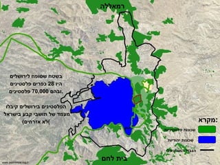 רמאללה בית לחם שכונות פלסטיניות שכונות יהודיות מקרא : הגבול המוניציפלי בשטח שסופח לירושלים היו  28  כפרים פלסטינים ובהם  70,000  פלסטינים . הפלסטינים בירושלים קיבלו מעמד של תושבי קבע בישראל  ( לא אזרחים ) www.peacenow.org.il 