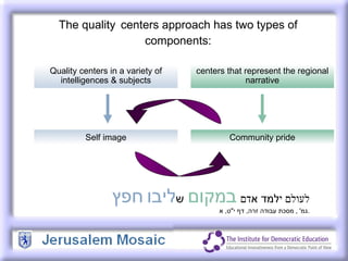 The quality   centers approach has two types of components: Quality centers in a variety of intelligences & subjects centers that represent the regional narrative Self image Community pride לעולם י למד א דם   במקום   ש ליבו   חפץ גמ ' ,  מסכת עבודה זרה ,  דף י " ט ,  א . 
