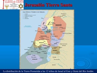 Jerusalén Tierra SantaJerusalén Tierra Santa
La distribución de la Tierra Prometida a las 12 tribus de Israel al Este y Oeste del Rio Jordán.
 