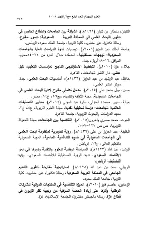 ‫ابع‬
‫ر‬‫ال‬ ‫العدد‬ /‫التربوية‬ ‫العموم‬
–
‫ج‬
3
‫أكتوبر‬ /
8104
343
( ‫ثنياف‬ ‫بف‬ ‫سمطاف‬ ،‫الثنياف‬
1429
.)‫ق‬
‫في‬ ‫الخاص‬ ‫القطاع‬‫و‬ ‫الجامعات‬ ‫بين‬ ‫اكة‬
‫ر‬‫الش‬
‫مقترح‬ ‫تصور‬ :‫السعودية‬ ‫العربية‬ ‫المممكة‬ ‫في‬ ‫العممي‬ ‫البحث‬ ‫تطوير‬
،
‫ب‬‫ر‬‫الت‬ ‫كمية‬ ،‫ه‬
‫ر‬‫منشك‬ ‫غير‬ ‫اه‬
‫ر‬‫دكتك‬ ‫رسالة‬
.‫ياض‬‫ر‬‫ال‬ ،‫سعكد‬ ‫الممؾ‬ ‫جامعة‬ ،‫ية‬
(‫يز‬‫ز‬‫الع‬ ‫عبد‬ ‫الممؾ‬ ‫جامعة‬
2001
‫تكصيات‬ .)‫ـ‬
‫بالجامعات‬ ‫العميا‬ ‫اسات‬
‫ر‬‫الد‬ ‫ندوة‬
‫مستقبمية‬ ‫توجيات‬ :‫السعودية‬
‫مف‬ ‫ة‬
‫ر‬‫الفت‬ ‫خالؿ‬ ‫المنعقدة‬ ،
22
-
24
،‫محرـ‬
‫افؽ‬‫ك‬‫الم‬
16
-
18
.‫جدة‬ ،‫يؿ‬‫ر‬‫أب‬
( ‫ة‬
‫ز‬‫ع‬ ،‫جالؿ‬
2010
.)‫ـ‬
‫دليل‬ :‫التعميم‬ ‫لمؤسسات‬ ‫الناجح‬ ‫اتيجي‬
‫ر‬‫االست‬ ‫التخطيط‬
‫عممي‬
.‫ة‬
‫ر‬‫القاى‬ ،‫لمجامعات‬ ‫النشر‬ ‫دار‬ ،
( ‫يز‬‫ز‬‫الع‬ ‫عبد‬ ‫بف‬ ‫الرشيد‬ ‫عبد‬ ،‫حافظ‬
1433
:)‫ق‬
‫العممي‬ ‫البحث‬ ‫أساسيات‬
:‫جدة‬ ،
.‫العممي‬ ‫النشر‬ ‫مركز‬
( ‫عمي‬ ‫حامد‬ ‫جبؿ‬ ،‫حسف‬
2015
.)‫ـ‬
‫في‬ ‫العممي‬ ‫البحث‬ ‫ة‬
‫إلدار‬ ‫مقترح‬ ‫تكاممي‬ ‫مدخل‬
‫السعودية‬ ‫الجامعات‬
‫مج‬ ،‫التنمية‬‫ك‬ ‫الثقافة‬ ‫مجمة‬ ،
16
‫ع‬ ،
94
.‫مصر‬ ،
،‫الة‬‫ك‬‫ح‬
( ‫المكلى‬ ‫عبد‬ ‫ة‬
‫ر‬‫سا‬ ،‫المتكلي‬ ‫محمد؛‬ ‫سيير‬
2014
.)‫ـ‬
‫التصنيفات‬ ‫معايير‬
‫نقدية‬ ‫تحميمية‬ ‫اسة‬
‫ر‬‫د‬ :‫لمجامعات‬ ‫العالمية‬
‫ع‬ ،‫بكية‬‫ر‬‫الت‬ ‫العمكـ‬ ‫مجمة‬ ،
4
‫ج‬ ،
2
،
.‫ة‬
‫ر‬‫القاى‬ ‫جامعة‬ ،‫بكية‬‫ر‬‫الت‬ ‫البحكث‬‫ك‬ ‫اسات‬
‫ر‬‫الد‬ ‫معيد‬
(‫آخركف‬‫ك‬ ‫م‬
‫صبر‬ ‫محمد‬ ،‫الحكت‬
2015
.)‫ـ‬
‫الجامعات‬ ‫بين‬ ‫التنافسية‬
‫فة‬‫ر‬‫المع‬ ‫مجمة‬ ،
‫بكية‬‫ر‬‫الت‬
‫ص‬ ‫ص‬ ،
127
-
157
.
( ‫عمي‬ ‫بف‬ ‫يز‬‫ز‬‫الع‬ ‫عبد‬ ،‫الخميفة‬
1436
.)‫ق‬
‫العممي‬ ‫ابحث‬ ‫لمنظومة‬ ‫تطويرية‬ ‫رؤية‬
‫العالمية‬ ‫التنافسية‬ ‫ضوء‬ ‫في‬ ‫السعودية‬ ‫الجامعات‬ ‫في‬
‫السعكدية‬ ‫المجمة‬ ،
‫ع‬ ،‫العالي‬ ‫بالتعميـ‬
12
.‫ياض‬‫ر‬‫ال‬ ،
( ‫اهلل‬ ‫عبد‬ ،‫الرشيد‬
1423
.)‫ق‬
‫نمو‬ ‫في‬ ‫ىا‬
‫ودور‬ ‫التقنية‬‫و‬ ‫لمعموم‬ ‫الوطنية‬ ‫السياسة‬
‫االق‬
‫السعودي‬ ‫تصاد‬
‫ة‬
‫ر‬‫ا‬
‫ز‬‫ك‬ ،‫السعكدم‬ ‫لالقتصاد‬ ‫المستقبمية‬ ‫الرؤية‬ ‫ندكة‬ ،
.‫ياض‬‫ر‬‫ال‬ ،‫التخطيط‬
( ‫اهلل‬ ‫عبد‬ ‫بف‬ ‫سعد‬ ،‫الركيمي‬
1428
.)‫ق‬
‫التعميم‬ ‫لتطوير‬ ‫مقترحة‬ ‫اتيجية‬
‫ر‬‫است‬
‫السعودية‬ ‫العربية‬ ‫المممكة‬ ‫في‬ ‫الجامعي‬
‫كمية‬ ،‫ة‬
‫ر‬‫منشك‬ ‫غير‬ ‫اه‬
‫ر‬‫دكتك‬ ‫رسالة‬ ،
.‫سعكد‬ ‫الممؾ‬ ‫جامعة‬ ،‫بية‬‫ر‬‫الت‬
‫عاصـ‬ ،‫عانيف‬
‫الز‬
(‫فايز‬
2010
‫ا‬ .)‫ـ‬
‫لمشركات‬ ‫ائية‬‫و‬‫الد‬ ‫المنتجات‬ ‫في‬ ‫التنافسية‬ ‫ة‬
‫لميز‬
‫في‬ ‫الزبون‬ ‫نظر‬ ‫وجية‬ ‫من‬ ‫السوقية‬ ‫الحصة‬ ‫زيادة‬ ‫عمى‬ ‫ىا‬
‫أثر‬‫و‬ ‫الوطنية‬
.‫ة‬
‫غز‬ ‫قطاع‬
.‫ة‬
‫ز‬‫غ‬ ،‫اإلسالمية‬ ‫الجامعة‬ ،‫ة‬
‫ر‬‫منشك‬ ‫ماجستير‬ ‫رسالة‬
 