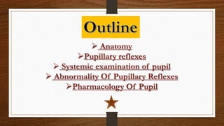  Anatomy
Pupillary reflexes
 Systemic examination of pupil
 Abnormality Of Pupillary Reflexes
Pharmacology Of Pupil
 