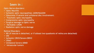 Seen in :
Optic Nerve disorders:
 Optic Neuritis
 Ischemic optic neuropathies- AION/NAAION
 Glaucoma: If severe and unilateral disc involvement.
 Traumatic optic neuropathy
 Compressive optic neuropathy
 Surgical damage to Optic nerve
 Heritable: LHON
 Radiation optic nerve damage
Retinal Disorders:
 RD (if macula is detached, or if atleast two quadrants of retina are detached)
 OIS
 Ischemic CRVO/Severe BRVO
 CRAO
 Unilateral Severe ARMD
 Intraocular tumors
 