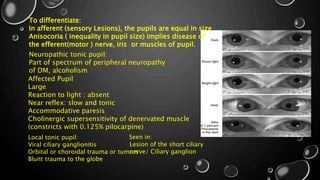 To differentiate:
In afferent (sensory Lesions), the pupils are equal in size
Anisocoria ( inequality in pupil size) implies disease of
the efferent(motor ) nerve, iris or muscles of pupil.
Lesion of the short ciliary
nerve/ Ciliary ganglion
Affected Pupil
Large
Reaction to light : absent
Near reflex: slow and tonic
Accommodative paresis
Cholinergic supersensitivity of denervated muscle
(constricts with 0.125% pilocarpine)
Seen in:Local tonic pupil:
Viral ciliary ganglionitis
Orbital or choroidal trauma or tumors
Blunt trauma to the globe
Neuropathic tonic pupil:
Part of spectrum of peripheral neuropathy
of DM, alcoholism
 