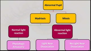 Abnormal Pupil
Mydriasis
Normal light
reaction
Abnormal light
reaction
Physiologic
Anisocoria
Light Near
Dissociation
No Light Near
Dissociation
Miosis
 