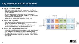Key Aspects of JESD204x Standards
► 8b/10b Embedded Clock
 DC balanced encoding which guarantees significant
transition frequency for use with clock and data recovery
(CDR) designs
 Encoding allows both data and control characters –
control characters can be used to specify link alignment,
maintenance, monitoring, etc.
 Detection of single bit error events on the link
► Serial Lane Alignment
 Using special training patterns with control characters,
lanes can be aligned across a “link”
 Trace-to-trace tolerance may be relaxed, relative to
synchronous sampling parallel LVDS designs
► Serial Lane Maintenance/Monitoring
 Alignment maintained through super-frame structure and
use of specific “characters” to guarantee alignment
 Link quality monitored at receiver on lane by lane basis
 Link established and dropped by receiver based on error
thresholds
5
 