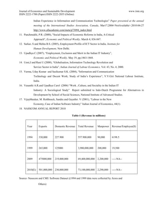 Journal of Economics and Sustainable Development                                                    www.iiste.org
ISSN 2222-1700 (Paper) ISSN 2222-2855 (Online)

              Indian Experience in Information and Communication Technologies” Paper presented at the annual
              meeting of the International Studies Association, Canada, Mar17,2004<NotAvailable>.2010-04-27
              http://www.allacademic.com/meta/p73094_index.html
11. Panchmukhi, P.R. (2000), "Social Impacts of Economic Reforms in India, A Critical
              Approach", Economic and Political Weekly, March 4, 836-847.
12. Sarkar, S and Mehta B.S. (2005), Employment Profile of ICT Sector in India, Institute for
              Human Development, New Delhi.
13. Upadhya C (2007), “Employment, Exclusion and Merit in the Indian IT Industry”,
              Economic and Political Weekly, May 19, pp,1863-1868.
14. Unni,J and Rani U (2000), “Globalisation, Information Technology Revolution and
              Service Sector in India”, Indian Journal of Labour Economics, Vol. 43, No. 4, 2000.
15. Varma, Uday Kumar and Sasikumar S.K. (2004), “Information and Communication
              Technology and Decent Work; Study of India‟s Experience”, V.V.Giri National Labour Institute,
              India.
16. Vasanthi A.R.and Upadhya Carol (2006) “Work , Culture, and Sociality in the Indian IT
              Industry: A Sociological Study” Report submitted to Indo-Dutch Programme for Alternatives in
              Development by School of Social Sciences, National Institute of Advanced Studies.
17. Vijaybhaskar, M. Rothboeck, Sandra and Gayathri. V (2001), “Labour in the New
              Economy, Case of Indian Software Industry” Indian Journal of Economics, 44(1).
18. NASSCOM ANNUAL REPORT 2010

                                                 Table-1 (Revenue in millions)



       Year        Exports       Domestic Revenue     Total Revenue     Manpower      Revenue/Employee($)



       1994        330,000       227.900              557.900,000       90,000        6198.5



       1999        265,000       125000               3,900,000,000     200,000       19,500



       2009        475000,000    219,000,000          69,400,000,000    2,200,000     -----NA--



       2010(E)     501,000,000   230,000,000          73,100,000,000    2,290,000     -----NA--


Source- Nasscom and CMU Software Dataset ((1994 and 1999 data were collected by Arora and

                  Others)
 
