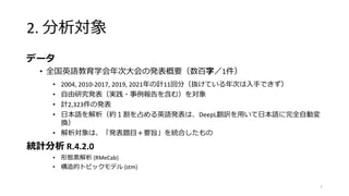 2. 分析対象
データ
• 全国英語教育学会年次大会の発表概要（数百字／1件）
• 2004, 2010-2017, 2019, 2021年の計11回分（抜けている年次は入手できず）
• 自由研究発表（実践・事例報告を含む）を対象
• 計2,323件の発表
• 日本語を解析（約１割を占める英語発表は、DeepL翻訳を用いて日本語に完全自動変
換）
• 解析対象は、「発表題目＋要旨」を統合したもの
統計分析 R.4.2.0
• 形態素解析 {RMeCab}
• 構造的トピックモデル {stm}
7
 