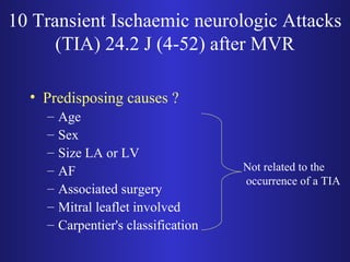 10 Transient Ischaemic neurologic Attacks 
(TIA) 24.2 J (4-52) after MVR 
• Predisposing causes ? 
– Age 
– Sex 
– Size LA or LV 
– AF 
– Associated surgery 
– Mitral leaflet involved 
– Carpentier's classification 
Not related to the 
occurrence of a TIA 
 
