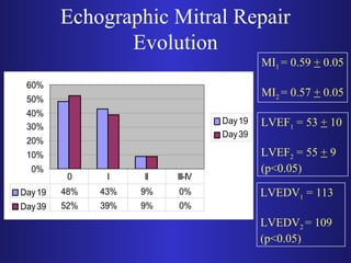 Echographic Mitral Repair 
Evolution 
MI1 = 0.59 + 0.05 
MI2 = 0.57 + 0.05 
60% 
50% 
40% 
30% 
20% 
10% 
0% 
Day 19 
Day 39 
0 I II III-IV 
Day 19 48% 43% 9% 0% 
Day 39 52% 39% 9% 0% 
LVEF1 = 53 + 10 
LVEF2 = 55 + 9 
(p<0.05) 
LVEDV1 = 113 
LVEDV2 = 109 
(p<0.05) 
 