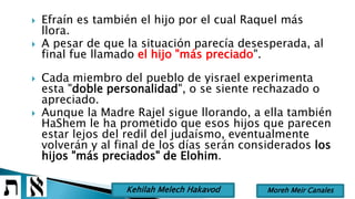  Efraín es también el hijo por el cual Raquel más
llora.
 A pesar de que la situación parecía desesperada, al
final fue llamado el hijo "más preciado".
 Cada miembro del pueblo de yisrael experimenta
esta "doble personalidad", o se siente rechazado o
apreciado.
 Aunque la Madre Rajel sigue llorando, a ella también
HaShem le ha prometido que esos hijos que parecen
estar lejos del redil del judaísmo, eventualmente
volverán y al final de los días serán considerados los
hijos "más preciados" de Elohim.
Moreh Meir CanalesKehilah Melech Hakavod
 