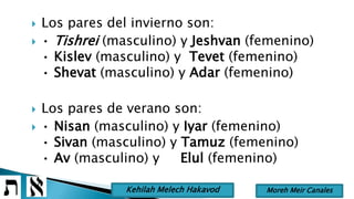 Los pares del invierno son:
 • Tishrei (masculino) y Jeshvan (femenino)
• Kislev (masculino) y Tevet (femenino)
• Shevat (masculino) y Adar (femenino)
 Los pares de verano son:
 • Nisan (masculino) y Iyar (femenino)
• Sivan (masculino) y Tamuz (femenino)
• Av (masculino) y Elul (femenino)
Moreh Meir CanalesKehilah Melech Hakavod
 