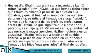  Hoy en día, Efraím representa a la mayoría de las 12
tribus "secular" (‫,חלֹוני‬ jiloní). Lo que hemos dicho sobre
que Efraím es amado a pesar de su adicción a la
idolatría, y que, al final, él mismo dice que no tiene
parte en ella, se refiere al llamado de yisrael "secular".
Vemos que la mayoría de los profetas profetizaron
acerca de Efraím. Lo que significa que a pesar de sus
pecados, es el hijo que HaShem más ama, y también el
que merece la mayor atención. HaShem quiere a estos
yisraelitas "Efraím" más que a nadie en el pueblo
hebreo. A pesar de que la situación en un principio
parece sin esperanza, todos están destinados a ser
llamados los hijos "más preciados" al final de los días.
Moreh Meir CanalesKehilah Melech Hakavod
 