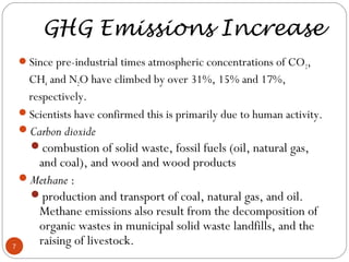 GHG Emissions Increase
Since pre-industrial times atmospheric concentrations of CO2,
CH4 and N2O have climbed by over 31%, 15% and 17%,
respectively.
Scientists have confirmed this is primarily due to human activity.
Carbon dioxide
combustion of solid waste, fossil fuels (oil, natural gas,
and coal), and wood and wood products
Methane :
production and transport of coal, natural gas, and oil.
Methane emissions also result from the decomposition of
organic wastes in municipal solid waste landfills, and the
raising of livestock.7
 