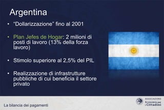 Argentina
• “Dollarizzazione” fino al 2001

• Plan Jefes de Hogar: 2 milioni di
posti di lavoro (13% della forza
lavoro)
• Stimolo superiore al 2,5% del PIL
• Realizzazione di infrastrutture
pubbliche di cui beneficia il settore
privato

La bilancia dei pagamenti

 