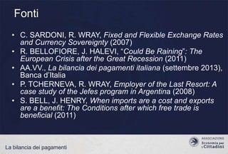 Fonti
• C. SARDONI, R. WRAY, Fixed and Flexible Exchange Rates
and Currency Sovereignty (2007)
• R. BELLOFIORE, J. HALEVI, “Could Be Raining”: The
European Crisis after the Great Recession (2011)
• AA.VV., La bilancia dei pagamenti italiana (settembre 2013),
Banca d‟Italia
• P. TCHERNEVA, R. WRAY, Employer of the Last Resort: A
case study of the Jefes program in Argentina (2008)
• S. BELL, J. HENRY, When imports are a cost and exports
are a benefit: The Conditions after which free trade is
beneficial (2011)

La bilancia dei pagamenti

 