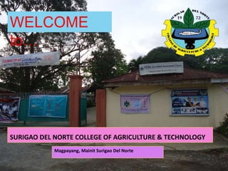 WELCOME
to…
SURIGAO DEL NORTE COLLEGE OF AGRICULTURE & TECHNOLOGY
Magpayang, Mainit Surigao Del Norte
 