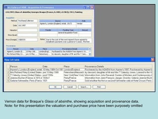 Vernon data for Braque’s  Glass of absinthe , showing acquisition and provenance data. Note: for this presentation the valuation and purchase price have been purposely omitted 