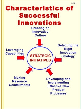 8-10
Characteristics of
Successful
Innovations
STRATEGIC
INITIATIVES
Creating an
Innovative
Culture
Leveraging
Capabilities
Selecting the
Right
Innovation
Strategy
Developing and
Implementing
Effective New
Product
Processes
Making
Resource
Commitments
 