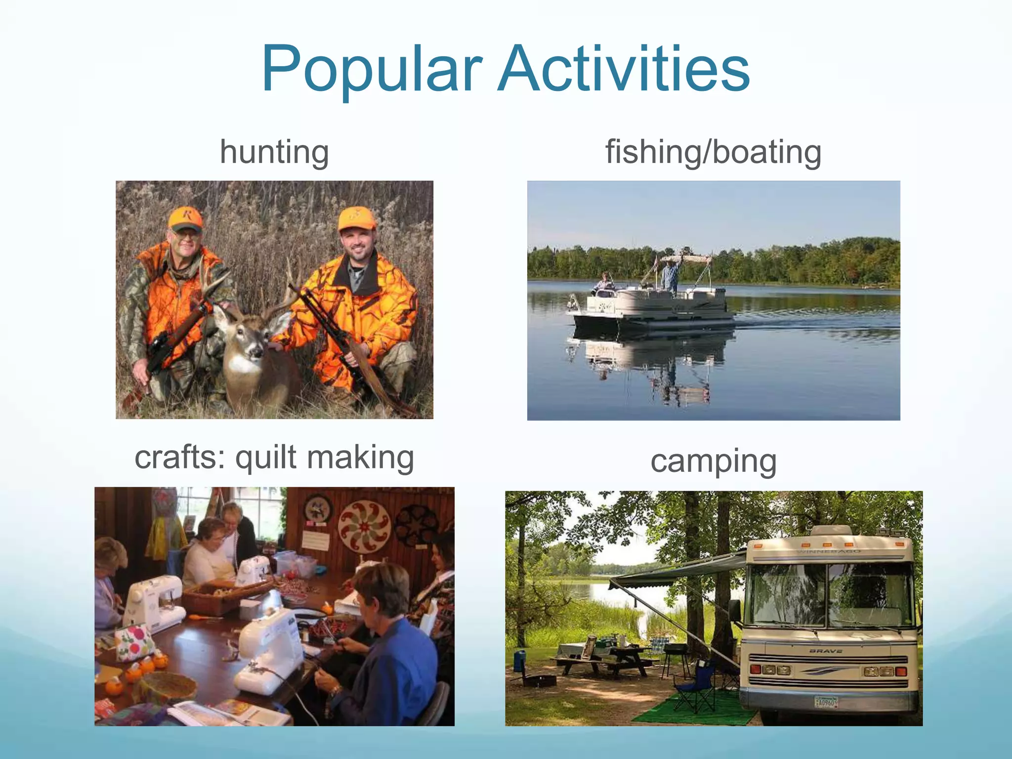 Minnesota talk“You betcha” – what you say when you agree“Uff-da” – what you say when you are surprised or tired“Hotdish” The weather: “Gonna be a hot one again today!”“Pop”Minnesota talkThe dialect:sing-songylong vowels	(especially ‘o’ as	in the word ‘boat’)words ending with ‘ag’ have a long 'a’ (the 'a' in 'bag' is similar to the 'a' in 'bake' not 'back’)Native Americans have an accent of their own 