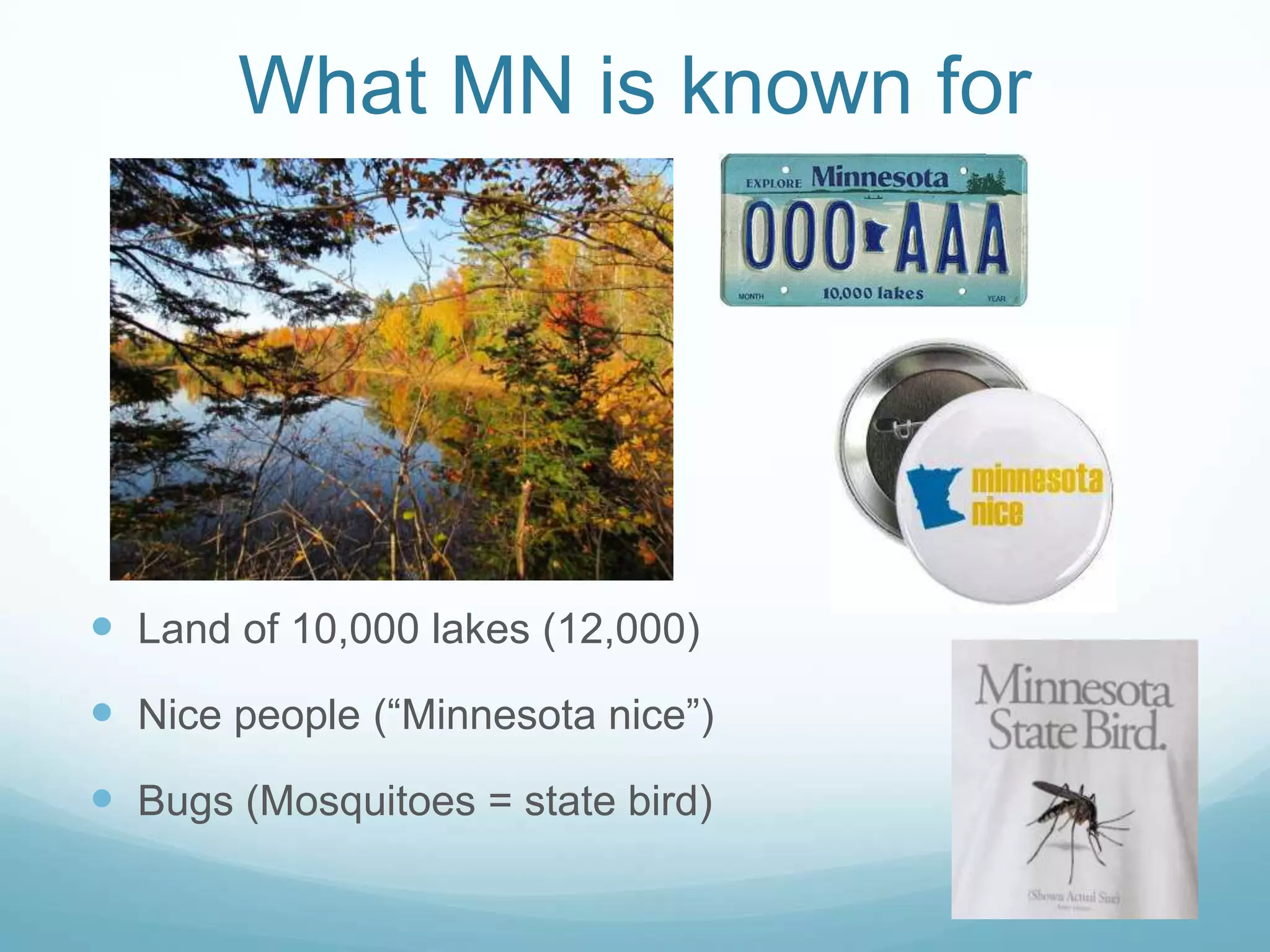 What MN is known forLand of 10,000 lakes (12,000)Nice people (“Minnesota nice”)Bugs (Mosquitoes = state bird)