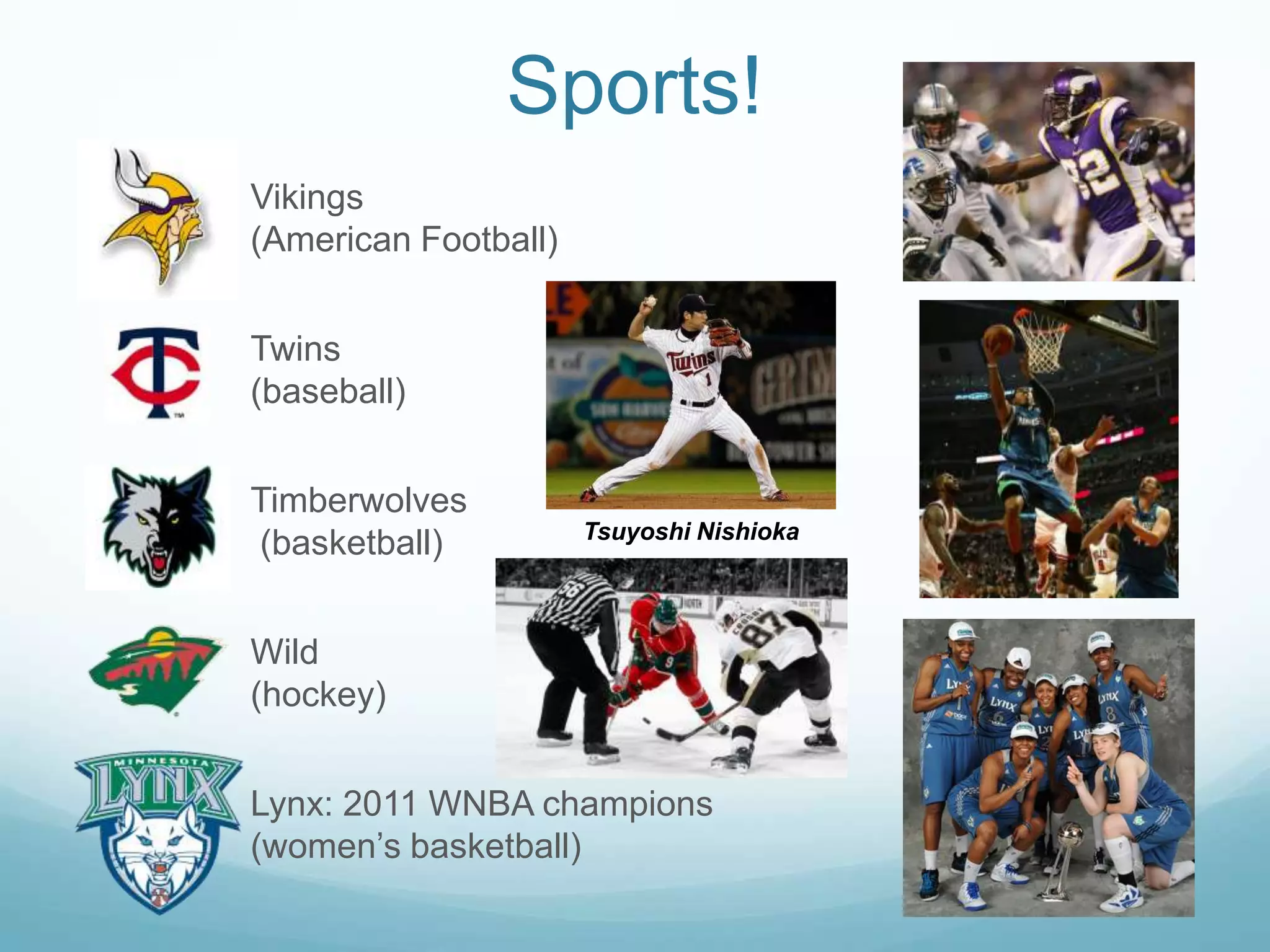 Sports!	Vikings (American Football)	Twins (baseball)	Timberwolves (basketball)	Wild (hockey)	Lynx: 2011 WNBA champions(women’s basketball)Tsuyoshi Nishioka