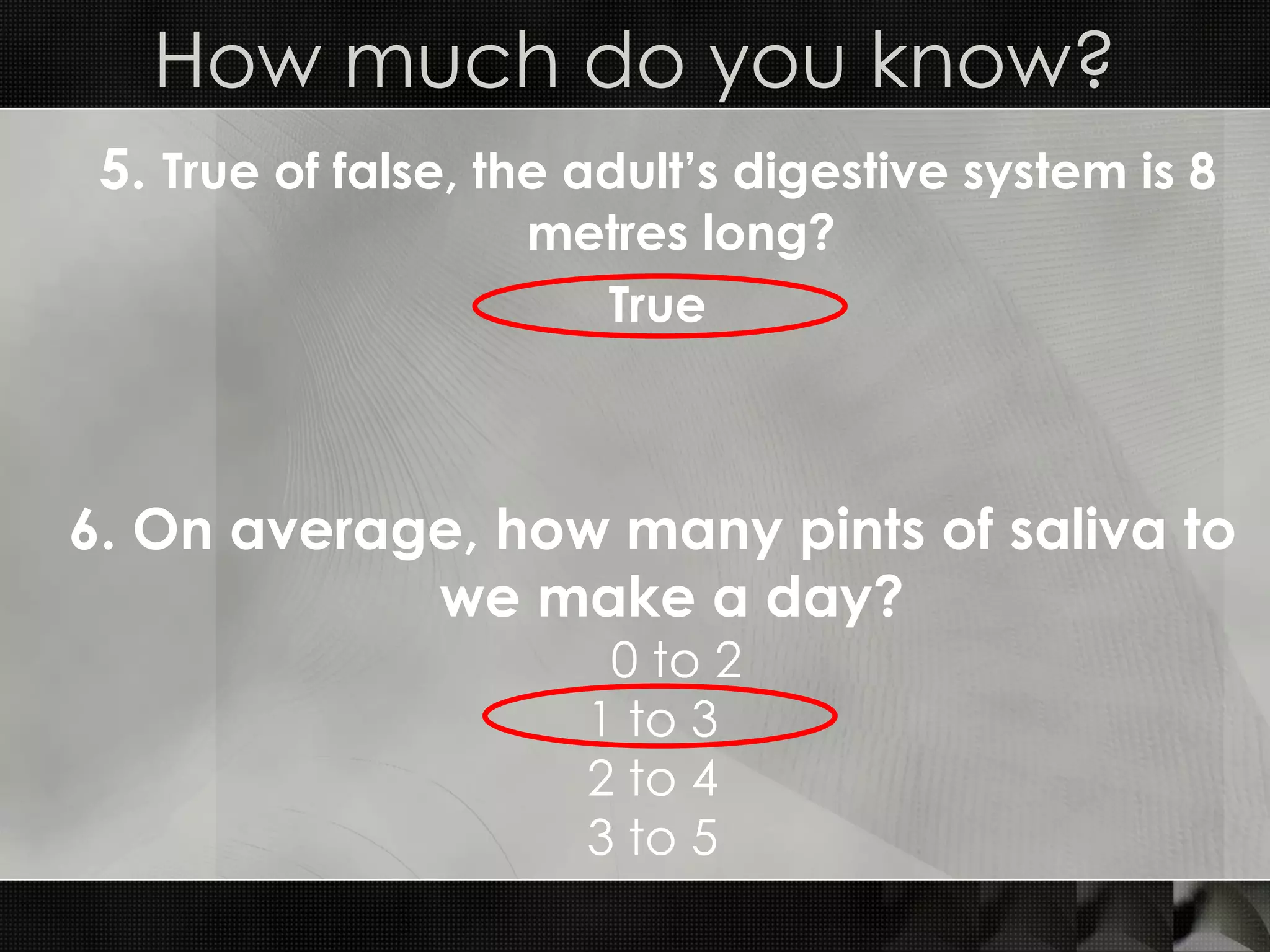 5.  True of false, the adult’s digestive system is 8 metres long? True How much do you know? 6. On average, how many pints of saliva to we make a day?   0 to 2 1 to 3 2 to 4 3 to 5 
