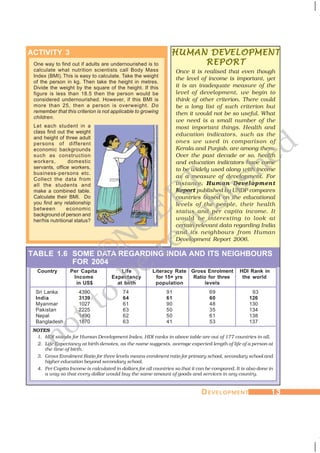 DDDDDEVELOPMENTEVELOPMENTEVELOPMENTEVELOPMENTEVELOPMENT 1313131313
HUMANHUMANHUMANHUMANHUMAN DEVELOPMENTDEVELOPMENTDEVELOPMENTDEVELOPMENTDEVELOPMENT
REPORREPORREPORREPORREPORTTTTT
Once it is realised that even though
the level of income is important, yet
it is an inadequate measure of the
level of development, we begin to
think of other criterion. There could
be a long list of such criterion but
then it would not be so useful. What
we need is a small number of the
most important things. Health and
education indicators, such as the
ones we used in comparison of
Kerala and Punjab, are among them.
Over the past decade or so, health
and education indicators have come
to be widely used along with income
as a measure of development. For
instance, Human Development
Report published by UNDP compares
countries based on the educational
levels of the people, their health
status and per capita income. It
would be interesting to look at
certain relevant data regarding India
and its neighbours from Human
Development Report 2006.
TABLE 1.6 SOME DATA REGARDING INDIA AND ITS NEIGHBOURS
FOR 2004
Country Per Capita Life Literacy Rate Gross Enrolment HDI Rank in
Income Expectancy for 15+ yrs Ratio for three the world
in US$ at birth population levels
Sri Lanka 4390 74 91 69 93
India 3139 64 61 60 126
Myanmar 1027 61 90 48 130
Pakistan 2225 63 50 35 134
Nepal 1490 62 50 61 138
Bangladesh 1870 63 41 53 137
NOTES
1. HDI stands for Human Development Index. HDI ranks in above table are out of 177 countries in all.
2. Life Expectancy at birth denotes, as the name suggests, average expected length of life of a person at
the time of birth.
3. Gross Enrolment Ratio for three levels means enrolment ratio for primary school, secondary school and
higher education beyond secondary school.
4. Per Capita Income is calculated in dollars for all countries so that it can be compared. It is also done in
a way so that every dollar would buy the same amount of goods and services in any country.
ACTIVITY 3
One way to find out if adults are undernourished is to
calculate what nutrition scientists call Body Mass
Index (BMI). This is easy to calculate. Take the weight
of the person in kg. Then take the height in metres.
Divide the weight by the square of the height. If this
figure is less than 18.5 then the person would be
considered undernourished. However, if this BMI is
more than 25, then a person is overweight. Do
remember that this criterion is not applicable to growing
children.
Let each student in a
class find out the weight
and height of three adult
persons of different
economic backgrounds
such as construction
workers, domestic
servants, office workers,
business-persons etc.
Collect the data from
all the students and
make a combined table.
Calculate their BMI. Do
you find any relationship
between economic
background of person and
her/his nutritional status?
©NCERT
not to
be
republished
 