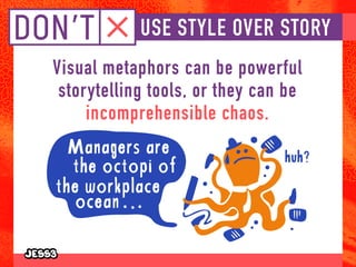 USE STYLE OVER STORY
Visual metaphors can be powerful
storytelling tools, or they can be
incomprehensible chaos.
 