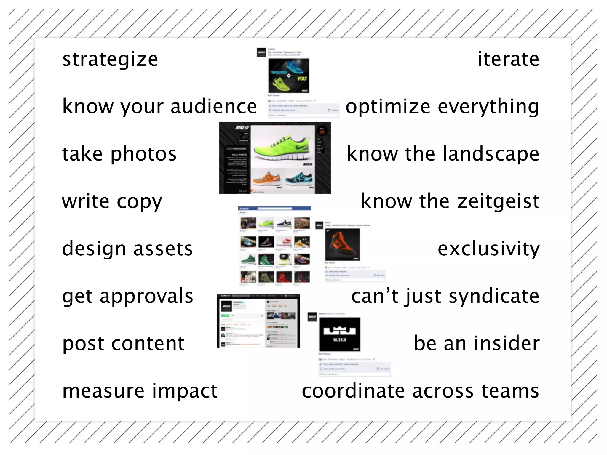 strategize                            iterate

know your audience       optimize everything

take photos              know the landscape

write copy                know the zeitgeist

design assets                     exclusivity

get approvals            can’t just syndicate

post content                   be an insider

measure impact       coordinate across teams
 