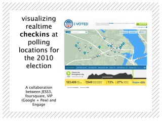 visualizing
    realtime
 checkins at
     polling
locations for
   the 2010
    election


  A collaboration
  between JESS3,
  foursquare, VIP
(Google + Pew) and
      Engage
 