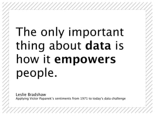 The only important
thing about data is
how it empowers
people.
Leslie Bradshaw
Applying Victor Papanek’s sentiments from 1971 to today’s data challenge
 