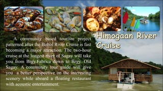 A community based tourism project
patterned after the Bohol River Cruise is fast
becoming a major attraction. The two-hour
cruise at the longest river of Sagay will take
you from Brgy.Fabrica down to Brgy. Old
Sagay. A community tour guide will give
you a better perspective on the interesting
scenery while aboard a floating restaurant
with acoustic entertainment.
 