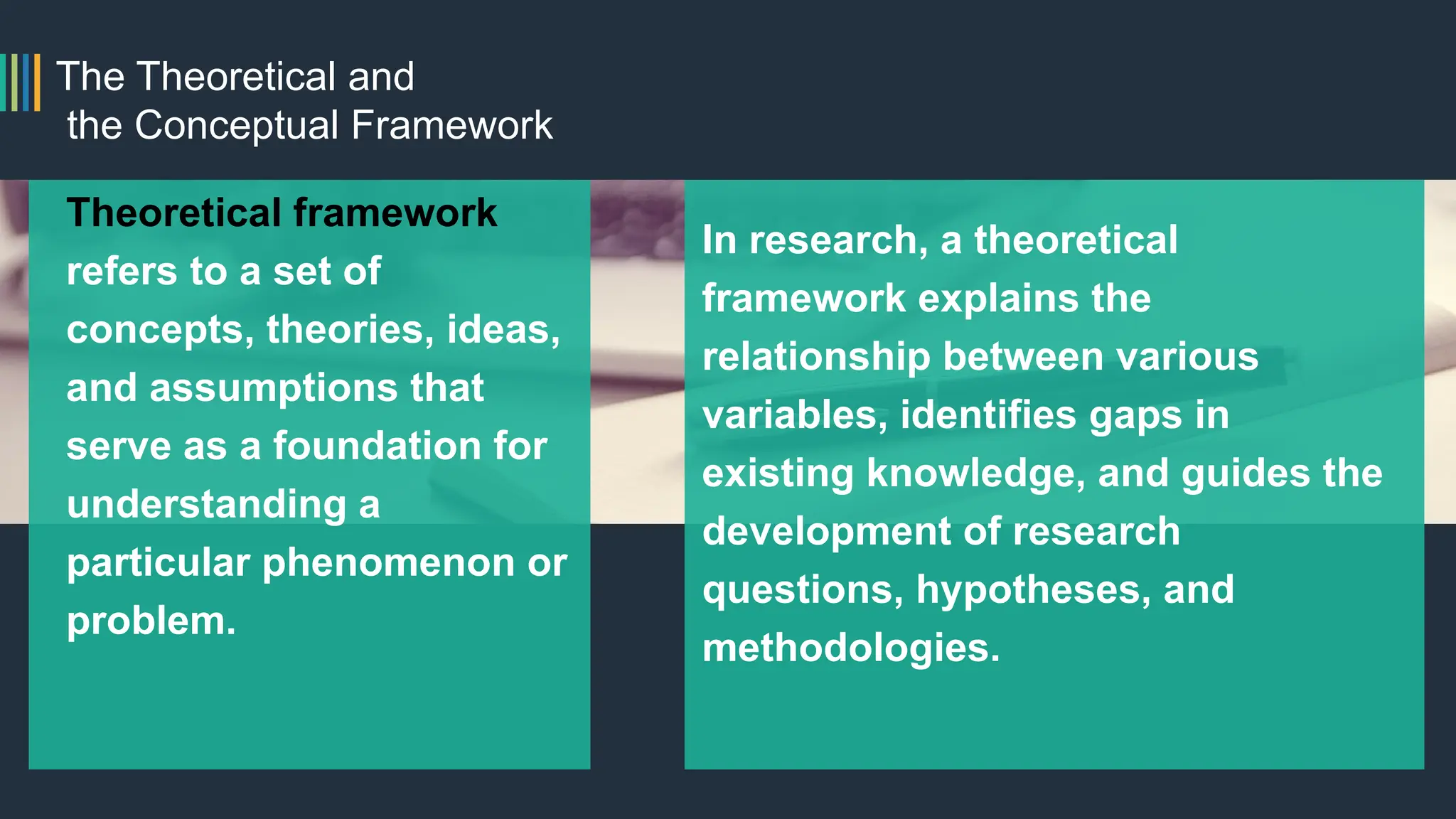 The Theoretical and
the Conceptual Framework
Theoretical framework
refers to a set of
concepts, theories, ideas,
and assumptions that
serve as a foundation for
understanding a
particular phenomenon or
problem.
In research, a theoretical
framework explains the
relationship between various
variables, identifies gaps in
existing knowledge, and guides the
development of research
questions, hypotheses, and
methodologies.
 